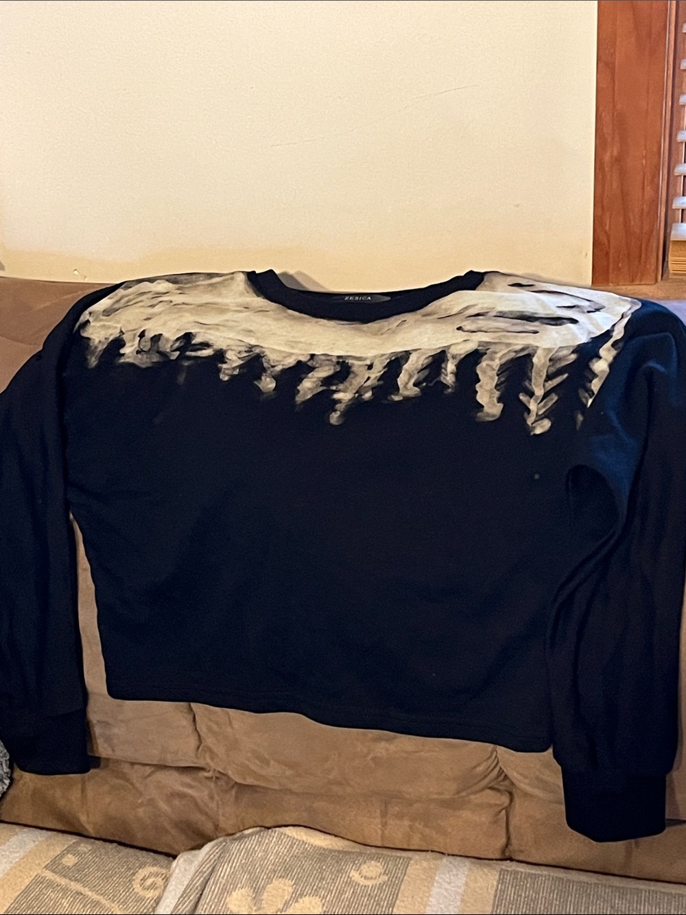 Black Crewneck Sweater with White Brush-Effect Detail